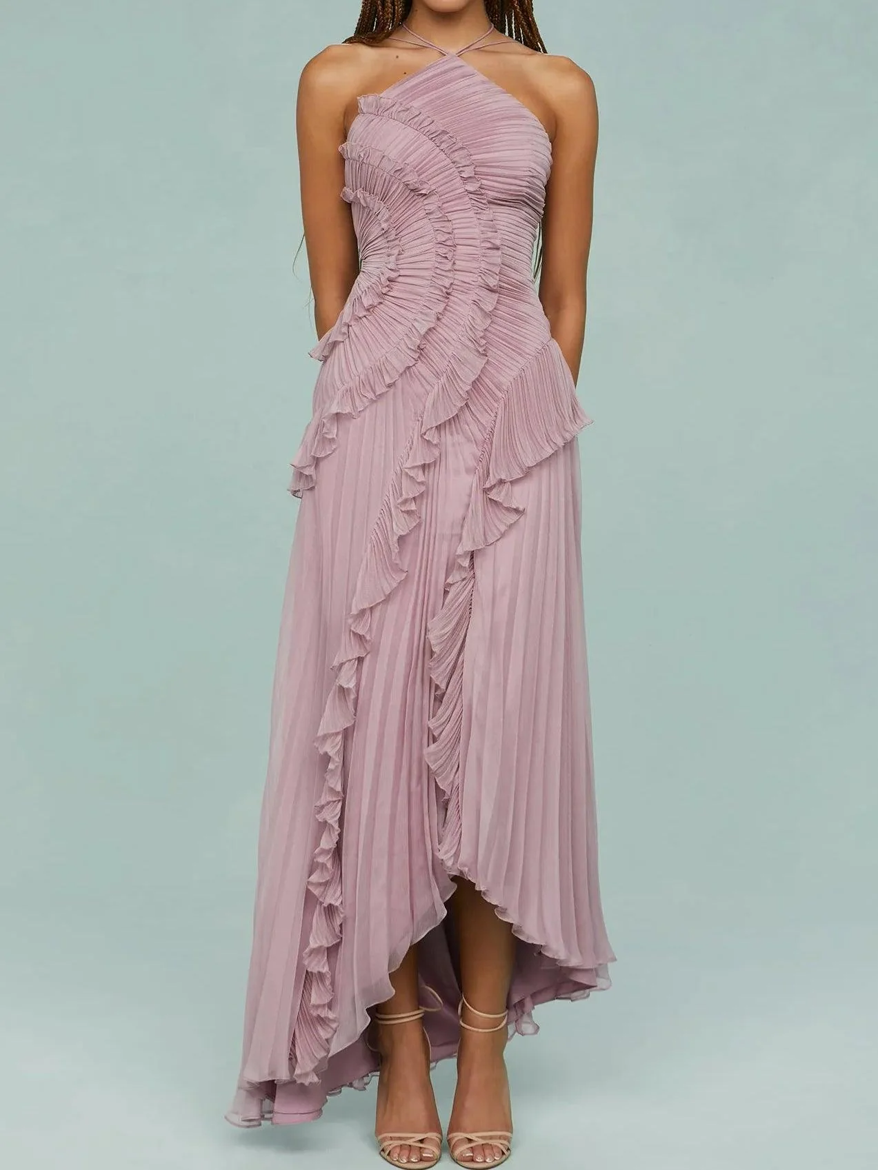 Pleated Suspender Long Dress With Slits Pleated Suspender Long Dress With Slits