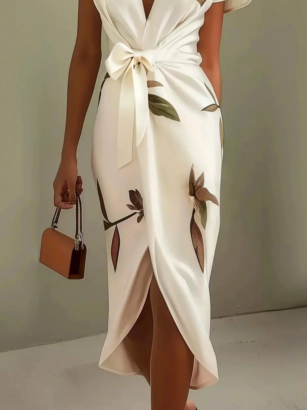 White Leaf Short Sleeve Satin Wrap Sheath Midi Dress White Leaf Short Sleeve Satin Wrap Sheath Midi Dress