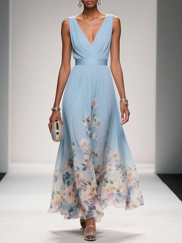 Light Blue Floral Chiffon V Neck Sleeveless A-Line Maxi Dress Light Blue Floral Chiffon V Neck Sleeveless A-Line Maxi Dress