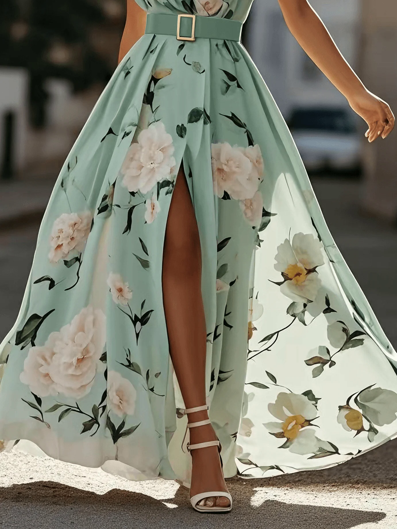 Light Green Floral Ruched One Shoulder A-Line Maxi Chiffon Dress Light Green Floral Ruched One Shoulder A-Line Maxi Chiffon Dress