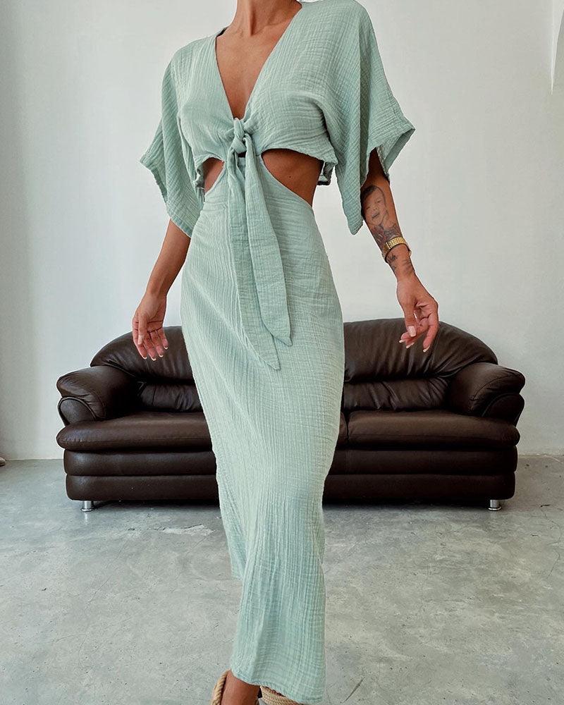 Lace-up exposed waist cotton and linen dress Lace-up exposed waist cotton and linen dress