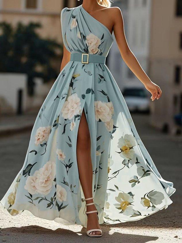 Light Green Floral Ruched One Shoulder A-Line Maxi Chiffon Dress Light Green Floral Ruched One Shoulder A-Line Maxi Chiffon Dress