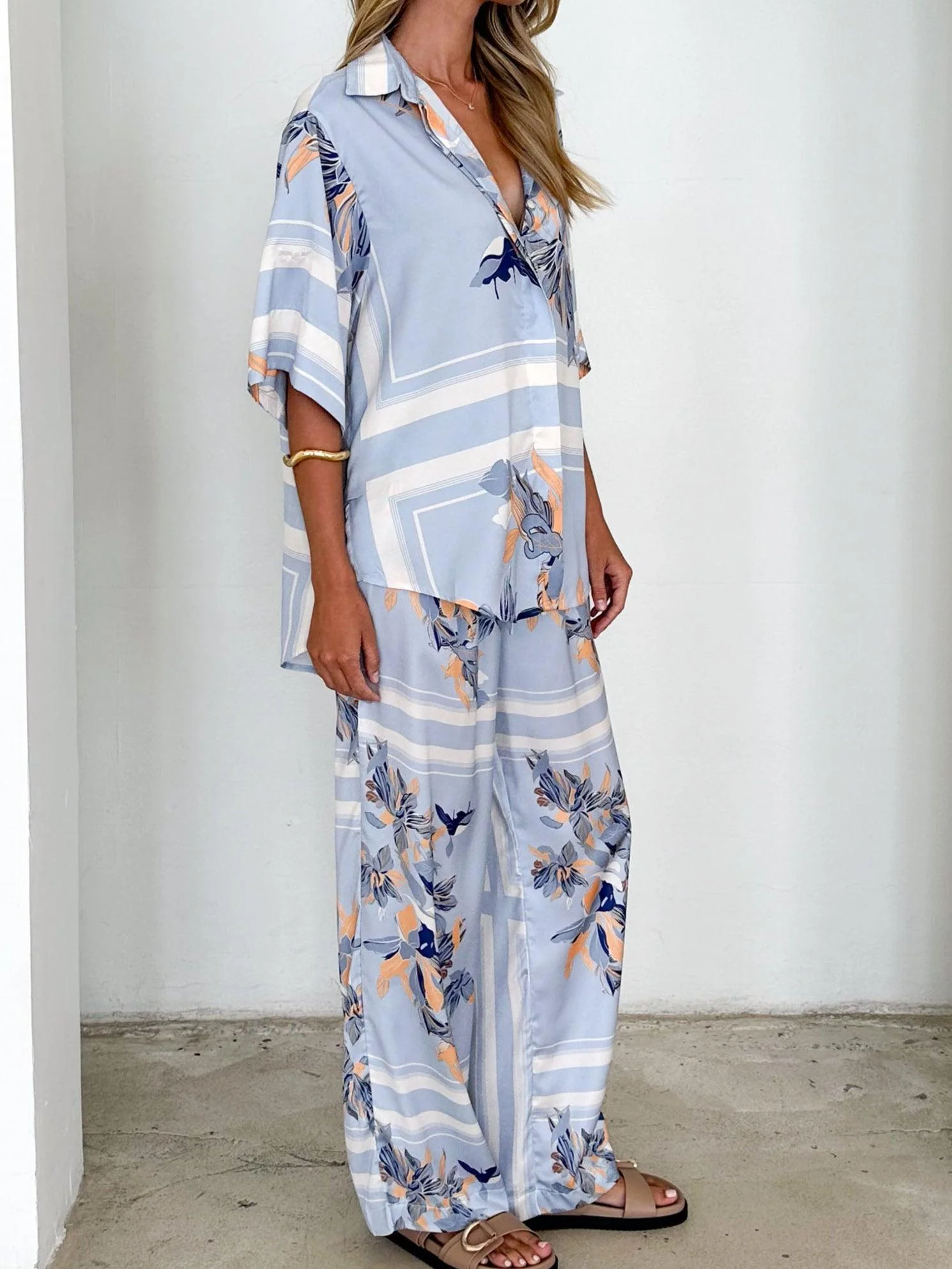 Powder Blue Floral Casual Loose Shirt and Trousers Set Powder Blue Floral Casual Loose Shirt and Trousers Set