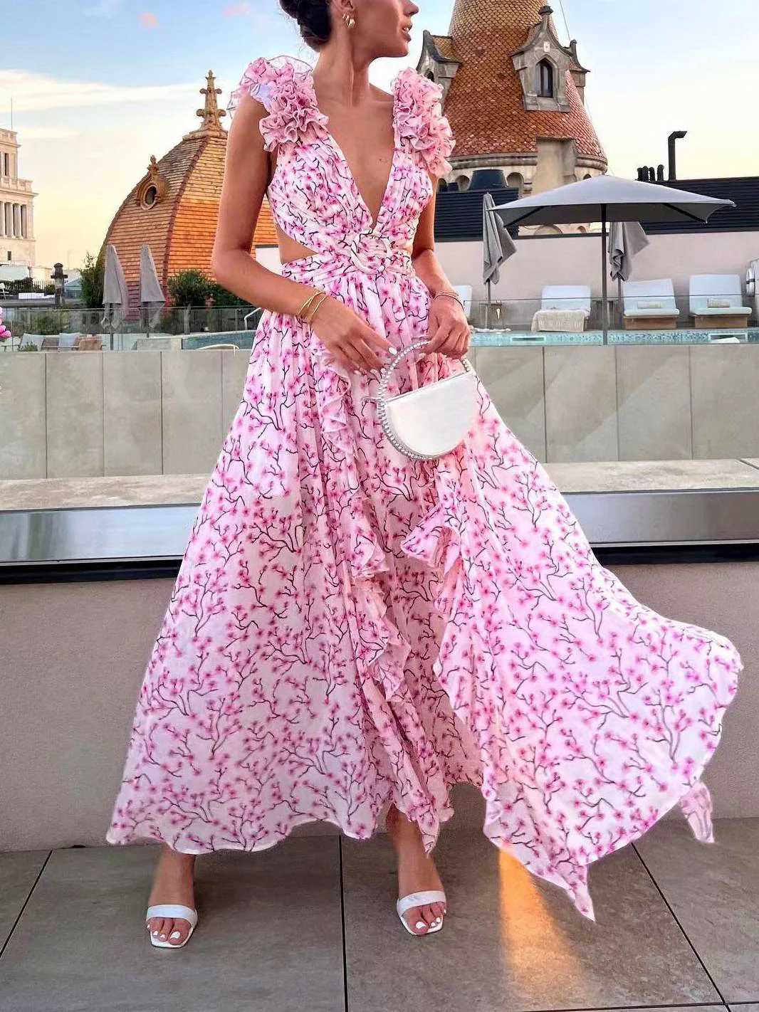 Deep V-neck Floral Hollow Maxi Dress Deep V-neck Floral Hollow Maxi Dress