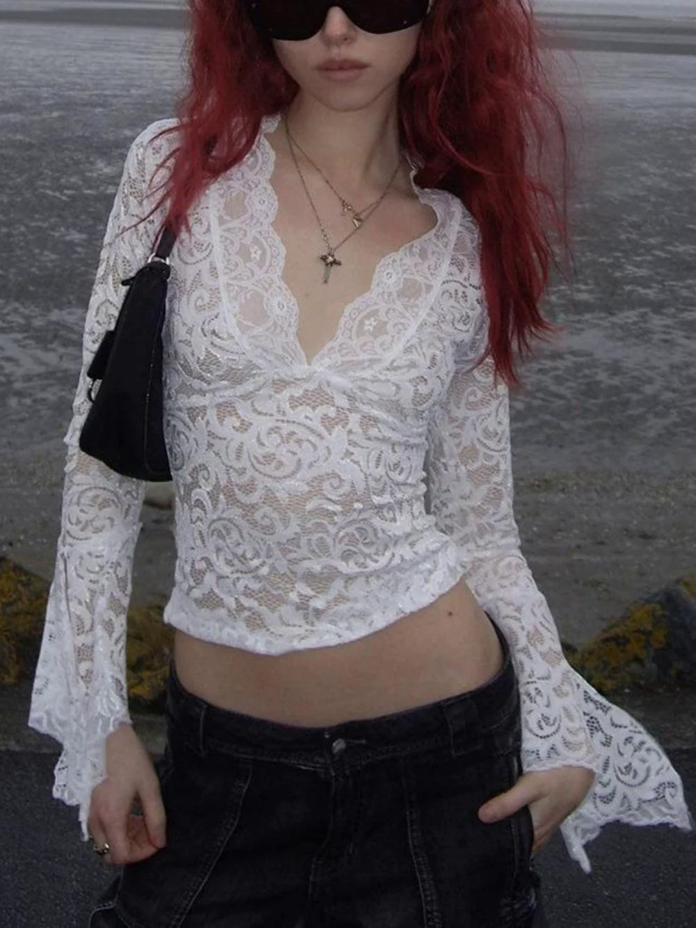 Slim Fit Cropped Long Sleeve Lace Top