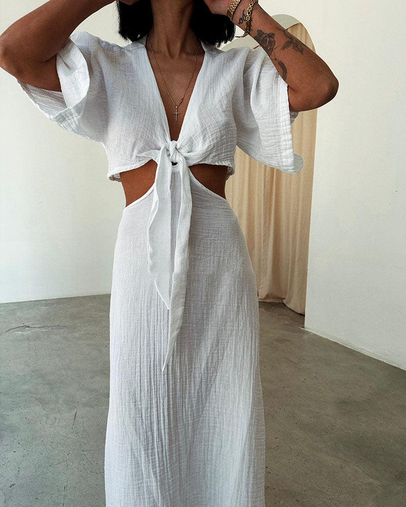 Lace-up exposed waist cotton and linen dress Lace-up exposed waist cotton and linen dress