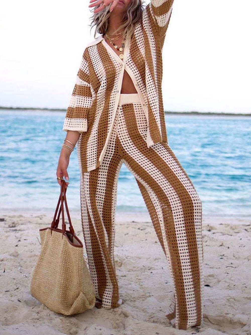 Loose V-Neck Fashion Hollow Out Striped Shirt Wide Leg Pants Set Loose V-Neck Fashion Hollow Out Striped Shirt Wide Leg Pants Set