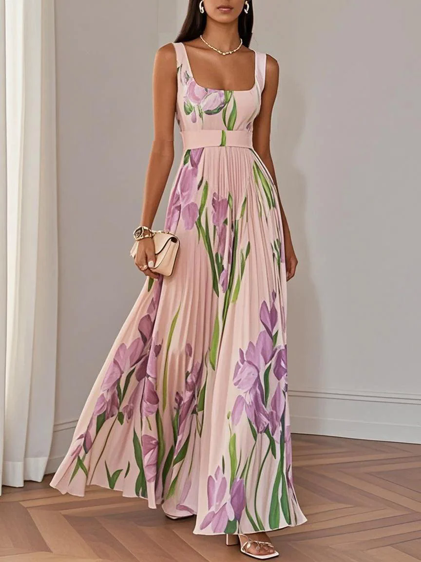 White Pleated Floral Chiffon Square Neck Sleeveless A-Line Maxi Dress White Pleated Floral Chiffon Square Neck Sleeveless A-Line Maxi Dress