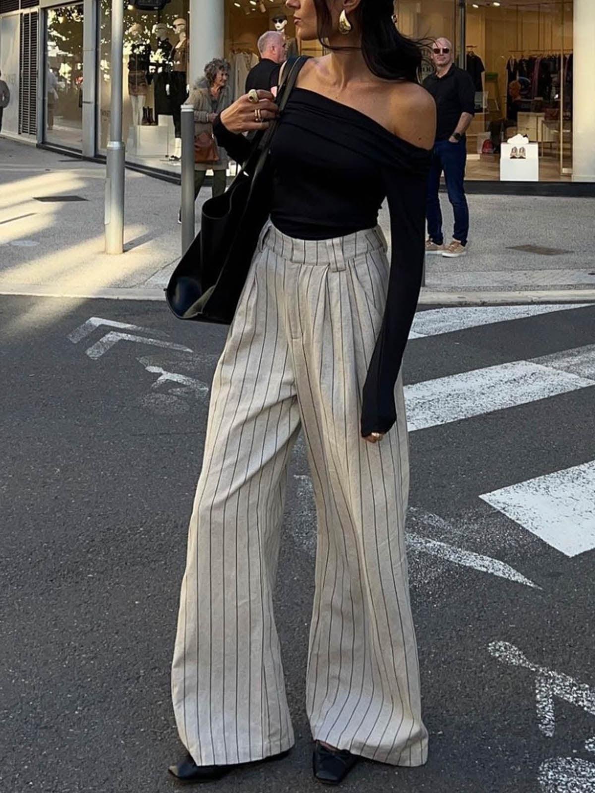 Pinstripe Zippered Wide Leg Pants Pinstripe Zippered Wide Leg Pants