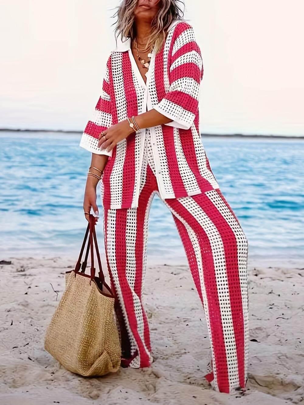 Loose V-Neck Fashion Hollow Out Striped Shirt Wide Leg Pants Set Loose V-Neck Fashion Hollow Out Striped Shirt Wide Leg Pants Set