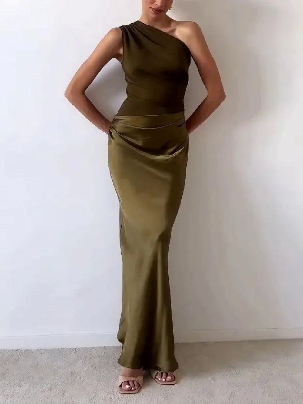 One Shoulder Neck Pleated Party Maxi Dress