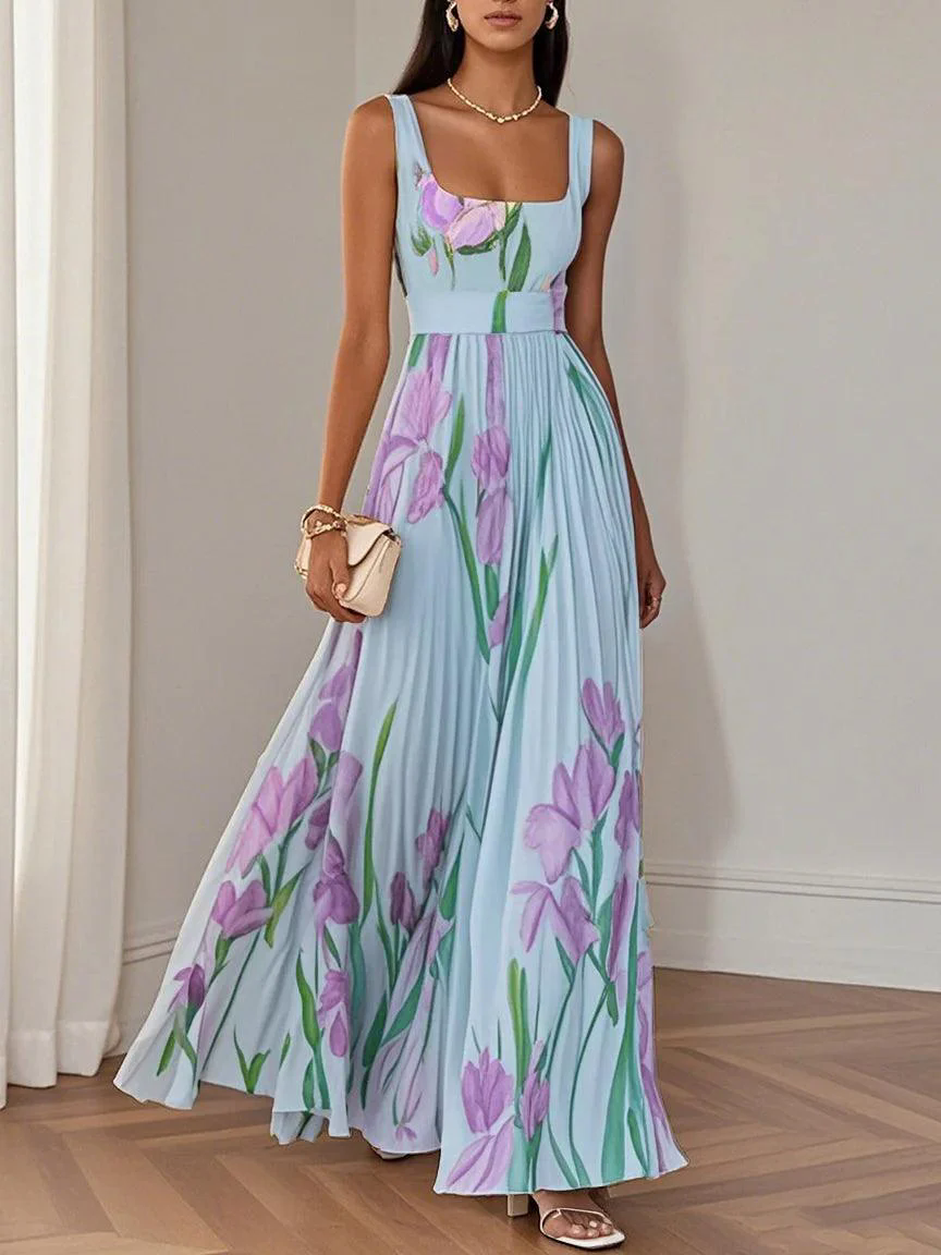 White Pleated Floral Chiffon Square Neck Sleeveless A-Line Maxi Dress White Pleated Floral Chiffon Square Neck Sleeveless A-Line Maxi Dress