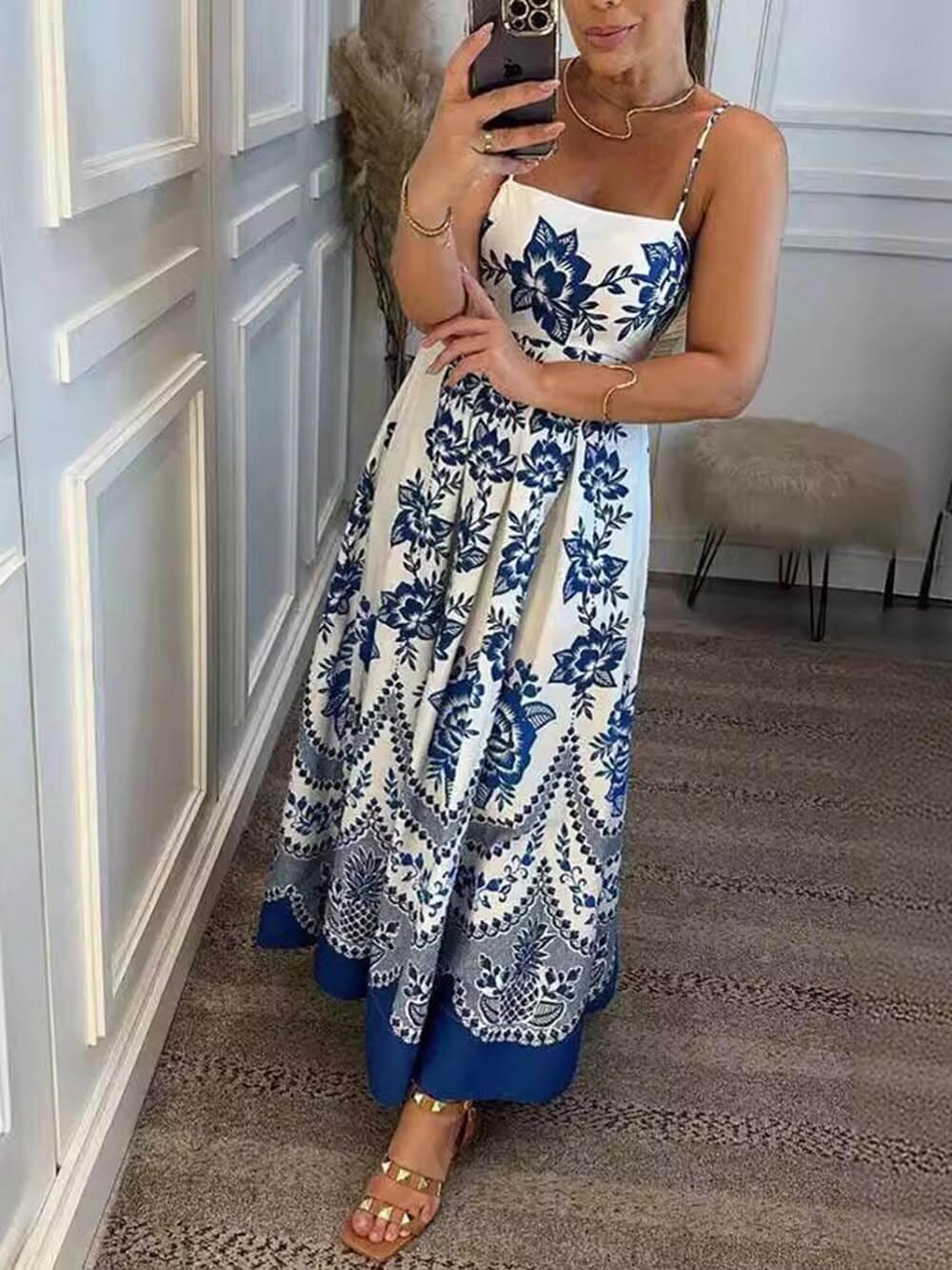 Ethnic Floral Print Back Smocked Loose Midi Dress Ethnic Floral Print Back Smocked Loose Midi Dress