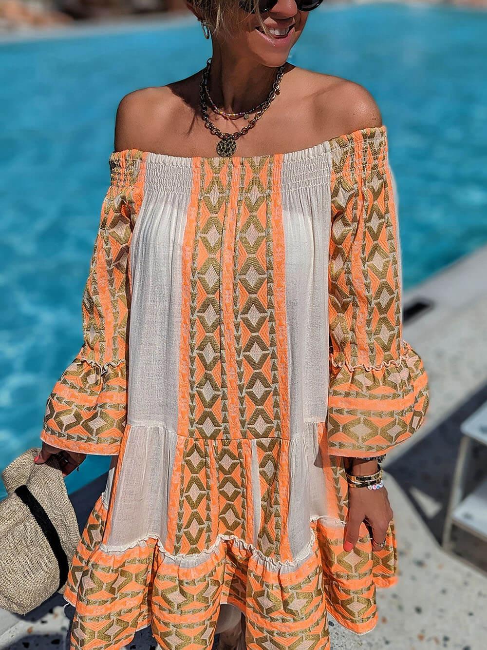 Ethnic Print Linen Blend Off Shoulder Loose Mini Dress Ethnic Print Linen Blend Off Shoulder Loose Mini Dress