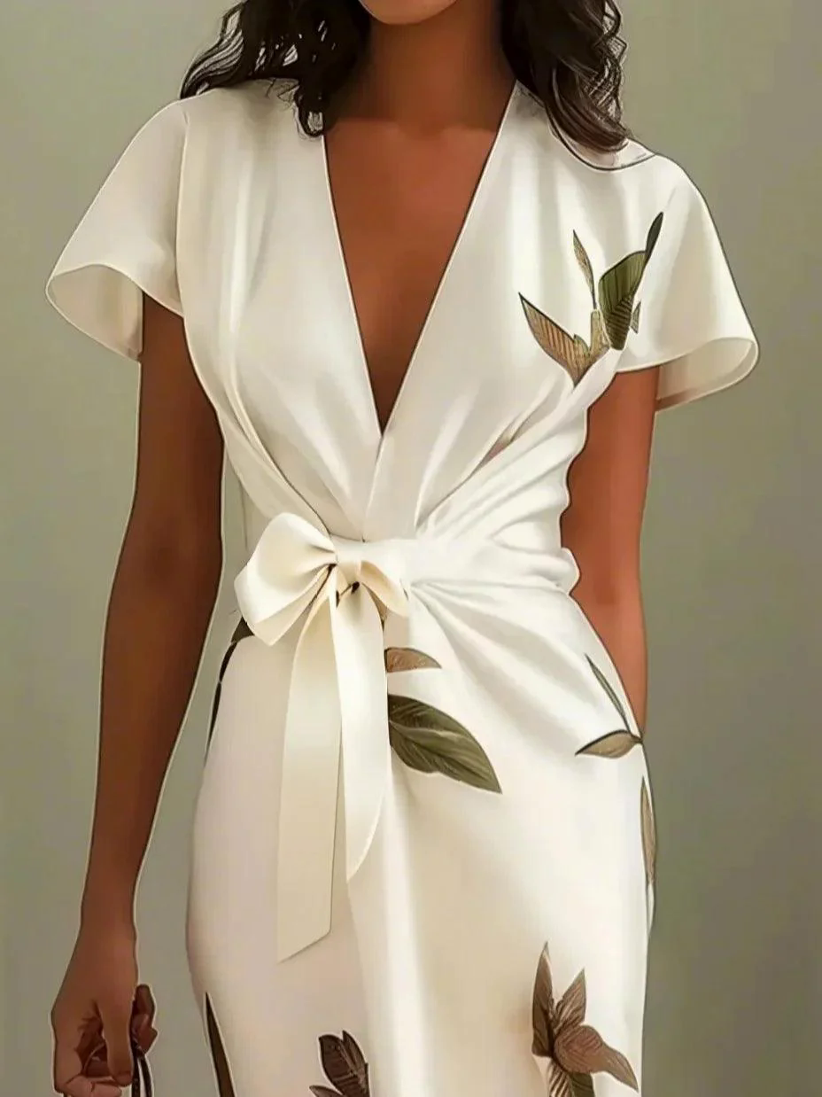 White Leaf Short Sleeve Satin Wrap Sheath Midi Dress White Leaf Short Sleeve Satin Wrap Sheath Midi Dress