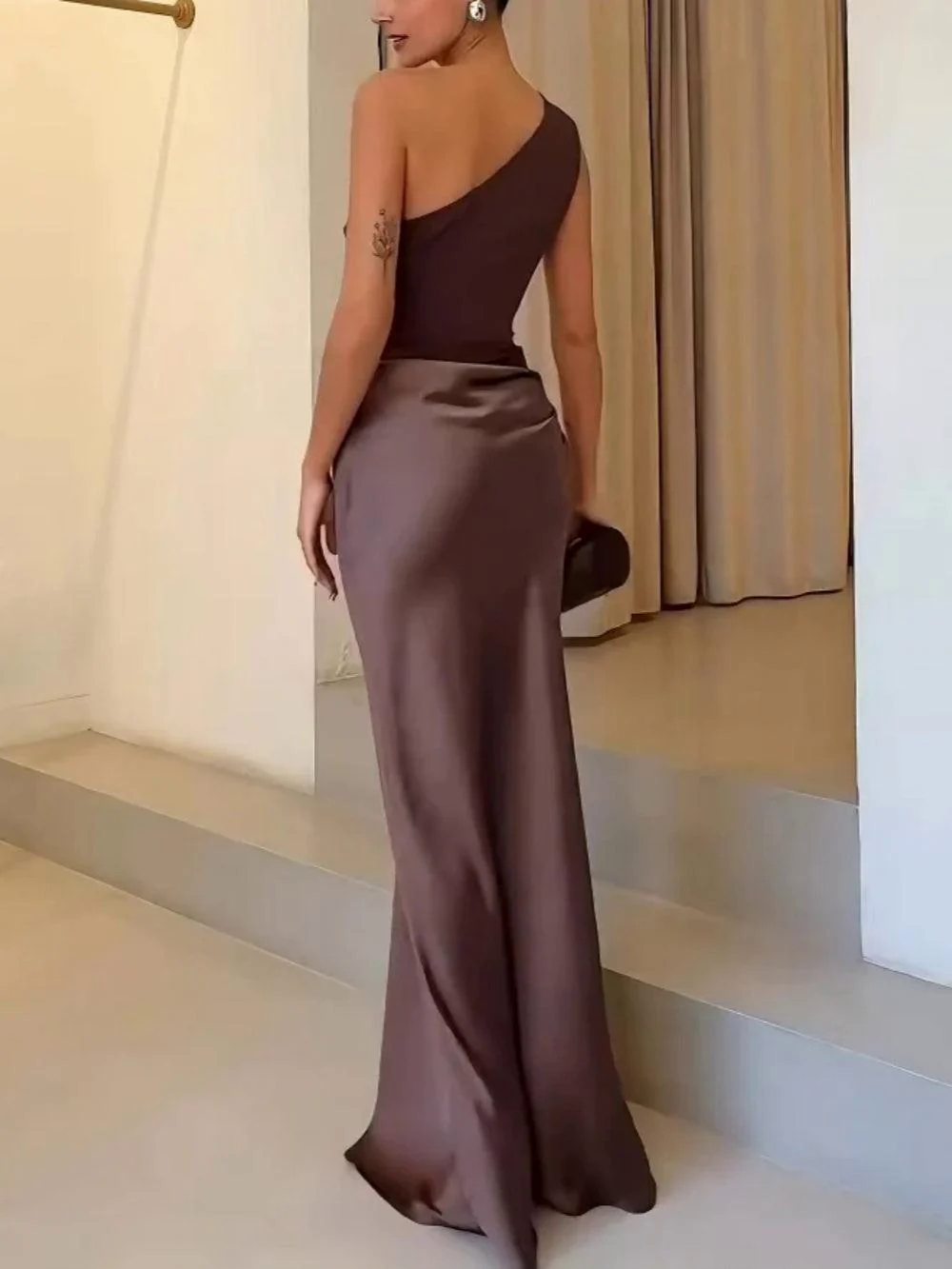 One Shoulder Neck Pleated Party Maxi Dress