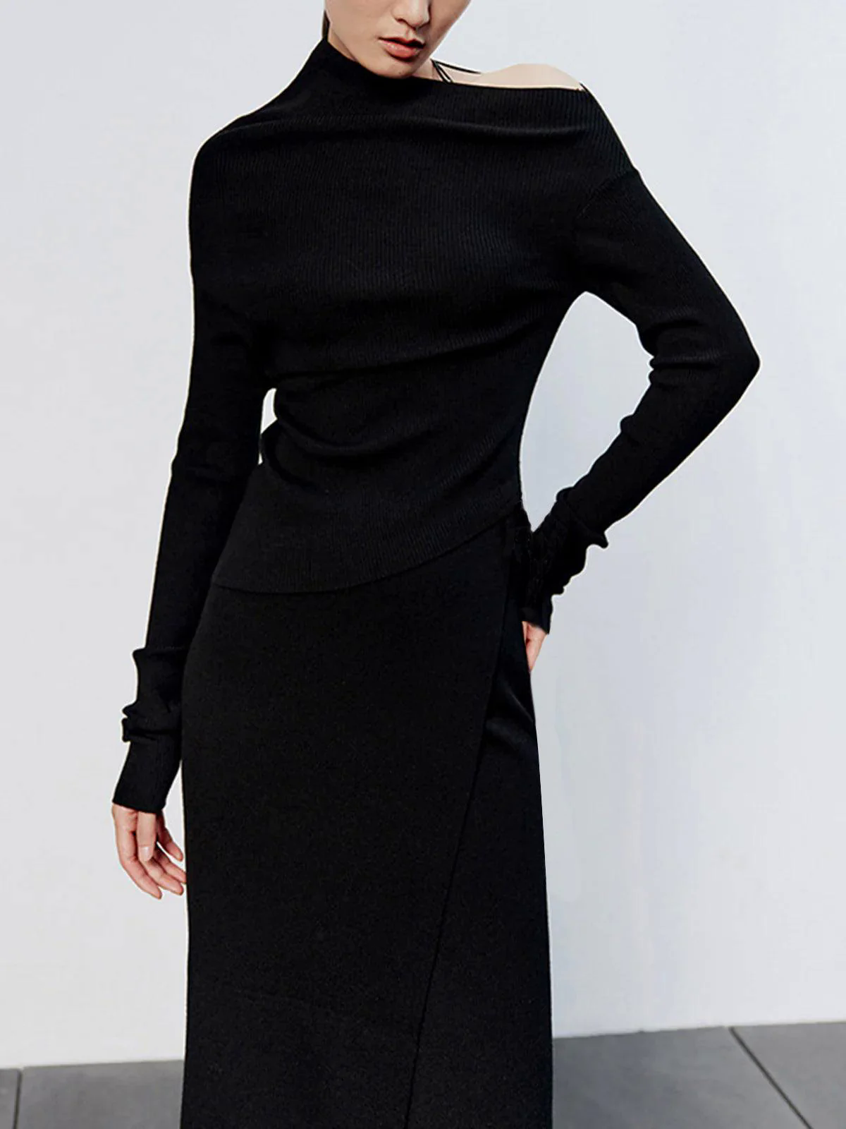 Caramel Asymmetric Neckline Long Sleeve Knit Top shkirt Suit Caramel Asymmetric Neckline Long Sleeve Knit Top shkirt Suit