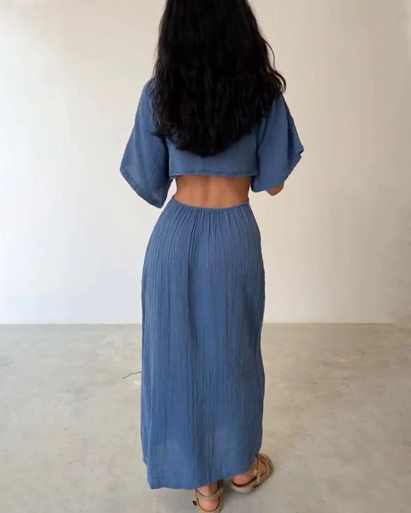 Lace-up exposed waist cotton and linen dress Lace-up exposed waist cotton and linen dress