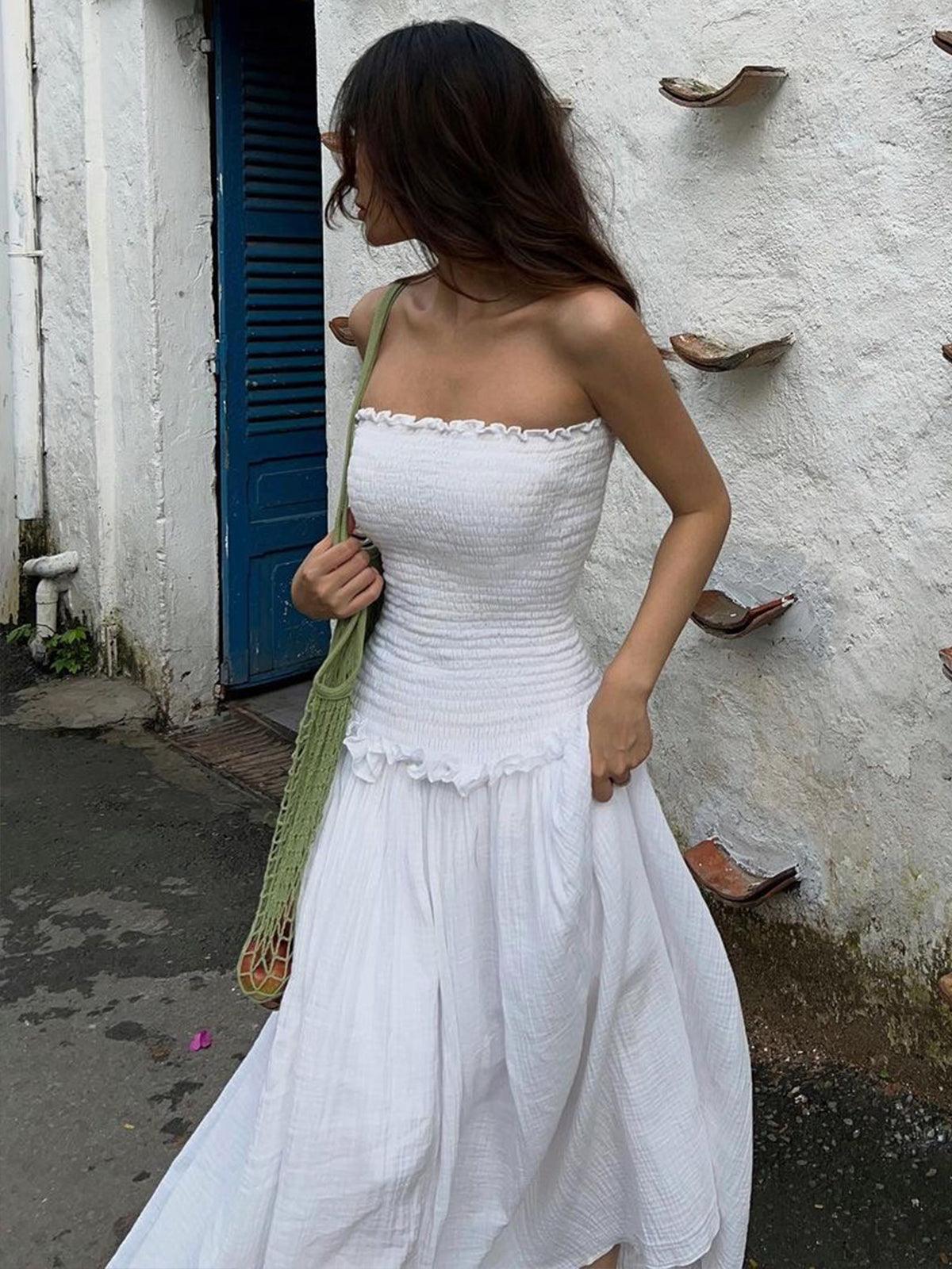 Cotton Blends Shirred Tube Long Dress Cotton Blends Shirred Tube Long Dress