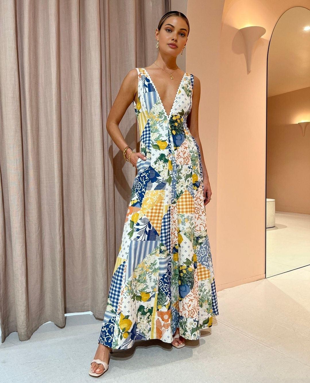 Lemonade Print Lace Trim Long Dress Lemonade Print Lace Trim Long Dress