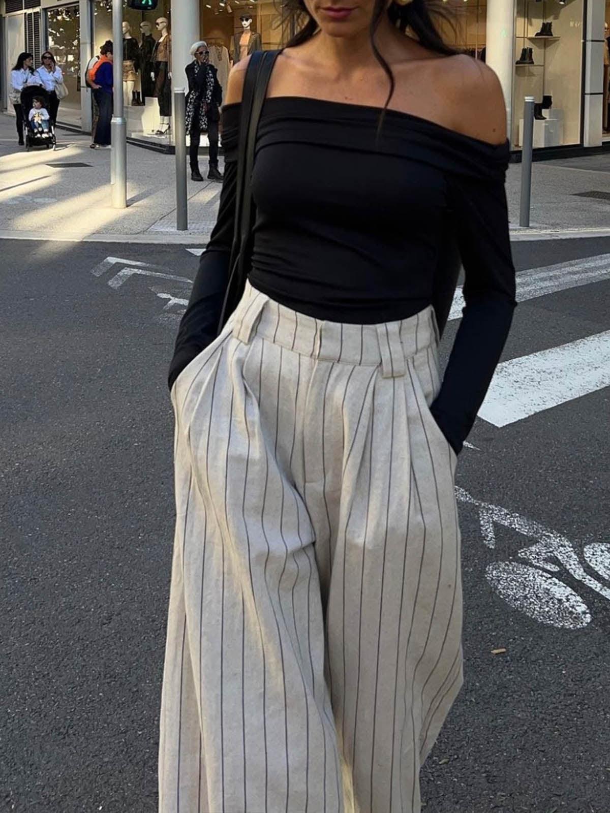 Pinstripe Zippered Wide Leg Pants Pinstripe Zippered Wide Leg Pants