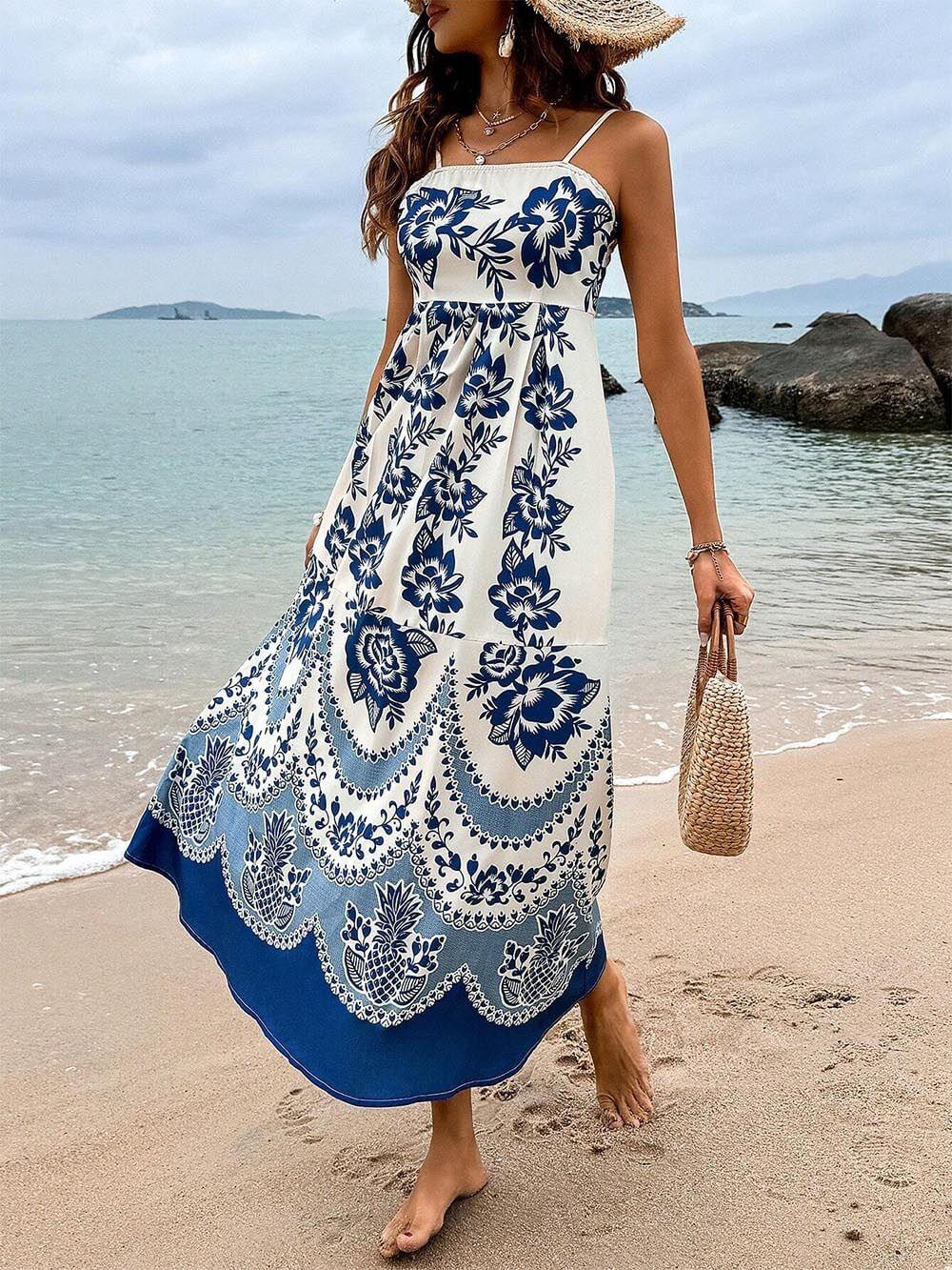 Ethnic Floral Print Back Smocked Loose Midi Dress Ethnic Floral Print Back Smocked Loose Midi Dress
