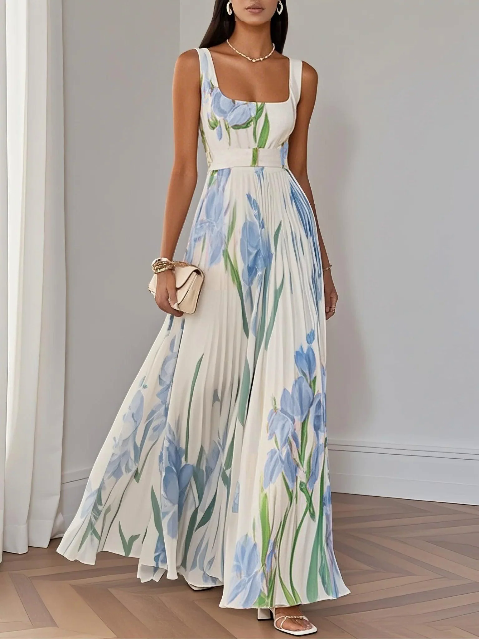 White Pleated Floral Chiffon Square Neck Sleeveless A-Line Maxi Dress White Pleated Floral Chiffon Square Neck Sleeveless A-Line Maxi Dress