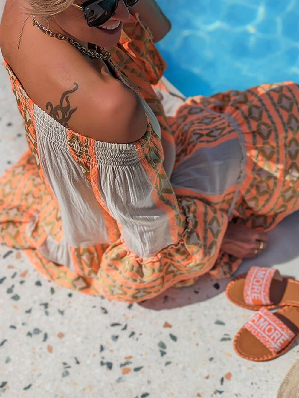 Ethnic Print Linen Blend Off Shoulder Loose Mini Dress Ethnic Print Linen Blend Off Shoulder Loose Mini Dress