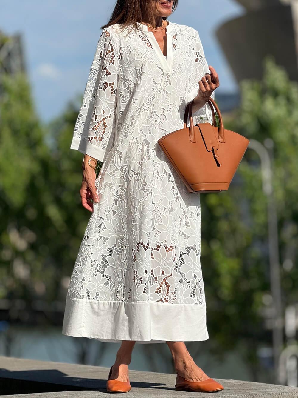 Flower Lace V-Neck Bell Sleeve Loose Midi Dress Flower Lace V-Neck Bell Sleeve Loose Midi Dress