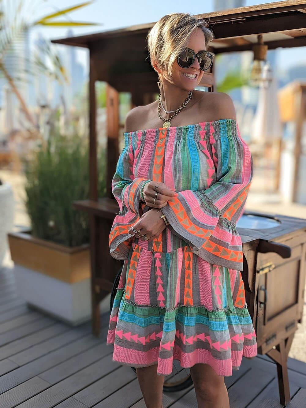 Ethnic Print Linen Blend Off Shoulder Loose Mini Dress Ethnic Print Linen Blend Off Shoulder Loose Mini Dress