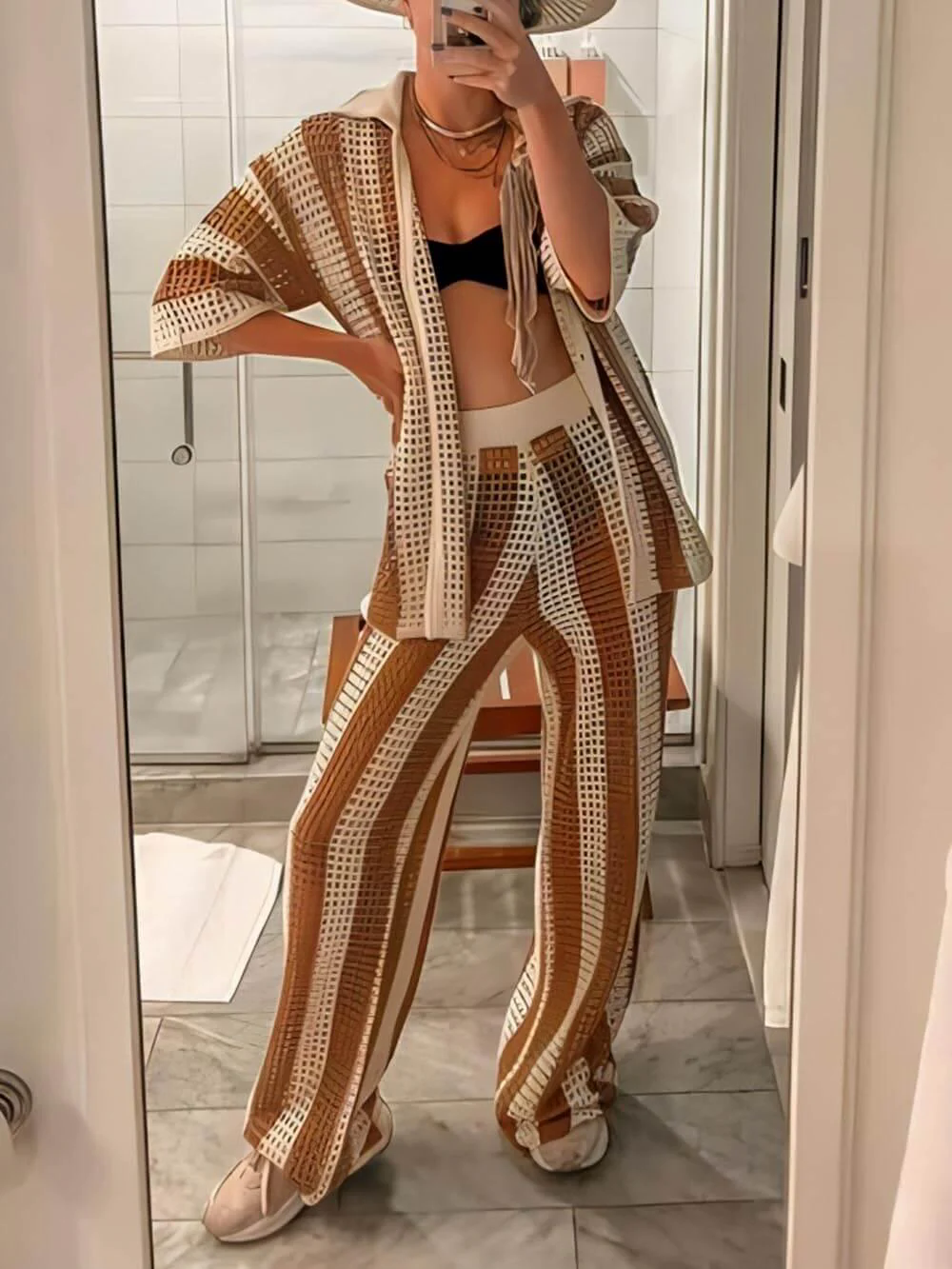 Loose V-Neck Fashion Hollow Out Striped Shirt Wide Leg Pants Set Loose V-Neck Fashion Hollow Out Striped Shirt Wide Leg Pants Set