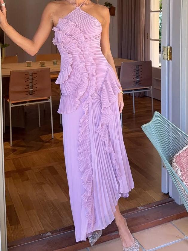 Pleated Suspender Long Dress With Slits Pleated Suspender Long Dress With Slits