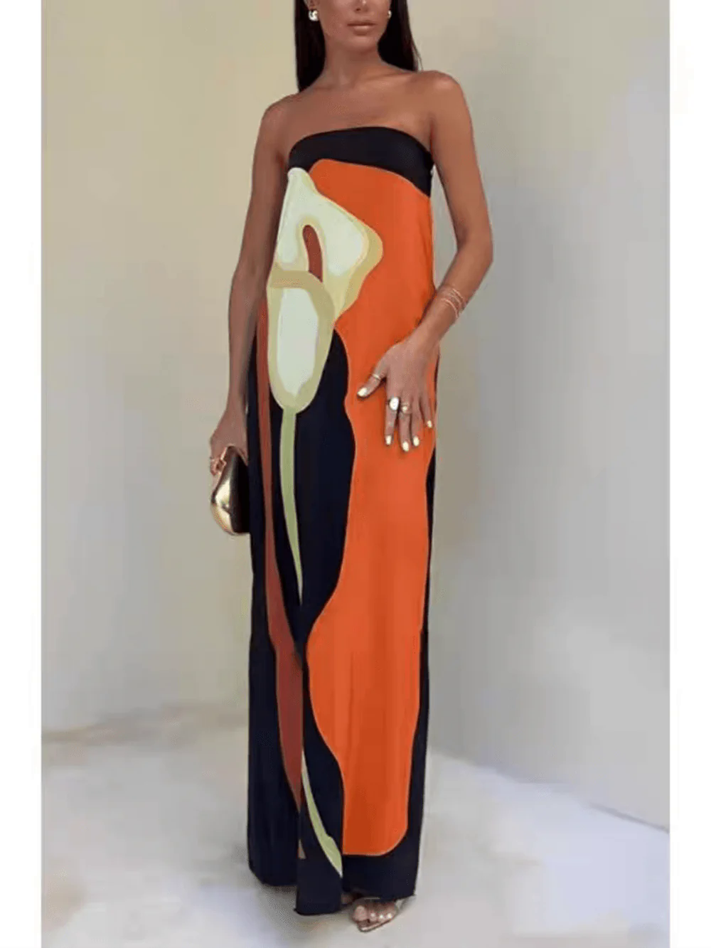 Strapless Color Block Printed Maxi Party Dress Strapless Color Block Printed Maxi Party Dress