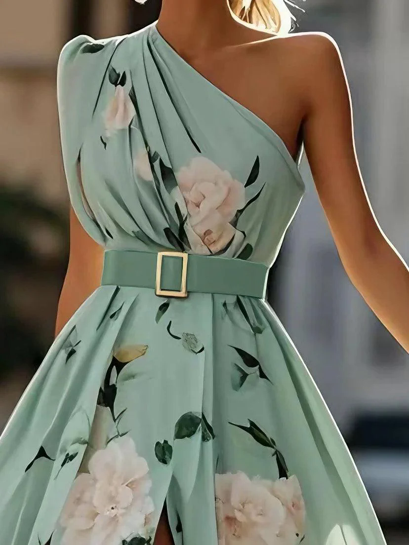 Light Green Floral Ruched One Shoulder A-Line Maxi Chiffon Dress Light Green Floral Ruched One Shoulder A-Line Maxi Chiffon Dress