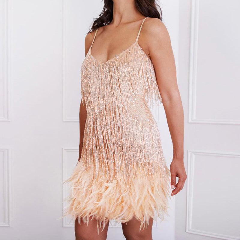 Shimmery Scoop Neck Sequin Fringe Feather Slip Flapper Mini Dress Shimmery Scoop Neck Sequin Fringe Feather Slip Flapper Mini Dress