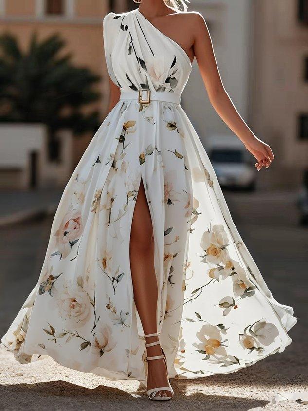 Light Green Floral Ruched One Shoulder A-Line Maxi Chiffon Dress Light Green Floral Ruched One Shoulder A-Line Maxi Chiffon Dress