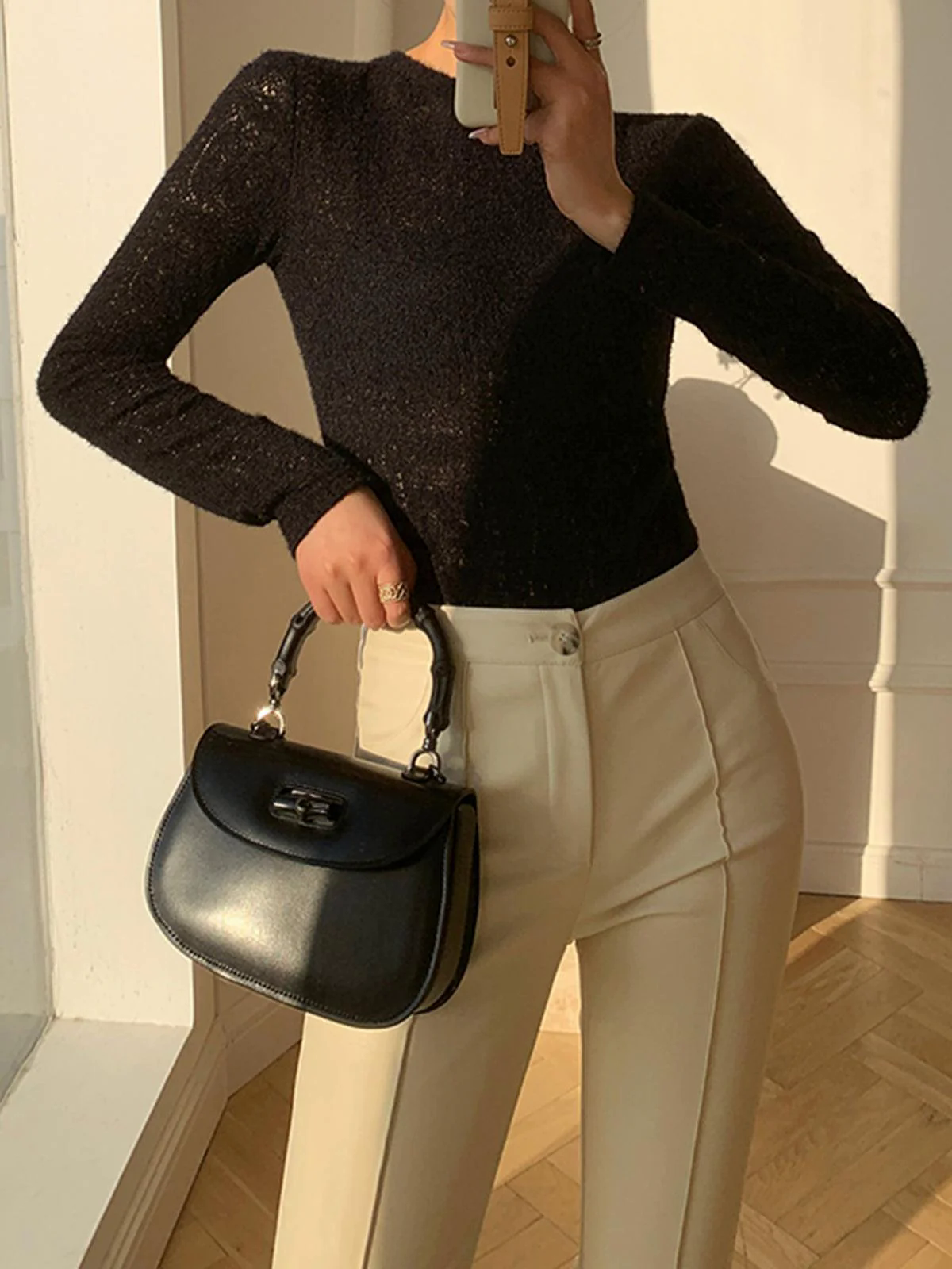 Floral Hollow Knit Crew Neck Long Sleeve Top Floral Hollow Knit Crew Neck Long Sleeve Top