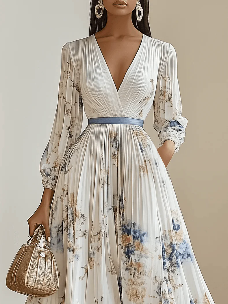 Spring New White Pleated Chiffon V Neck Floral Long Sleeve Balloon Sleeve A-Line Maxi Dress Spring New White Pleated Chiffon V Neck Floral Long Sleeve Balloon Sleeve A-Line Maxi Dress
