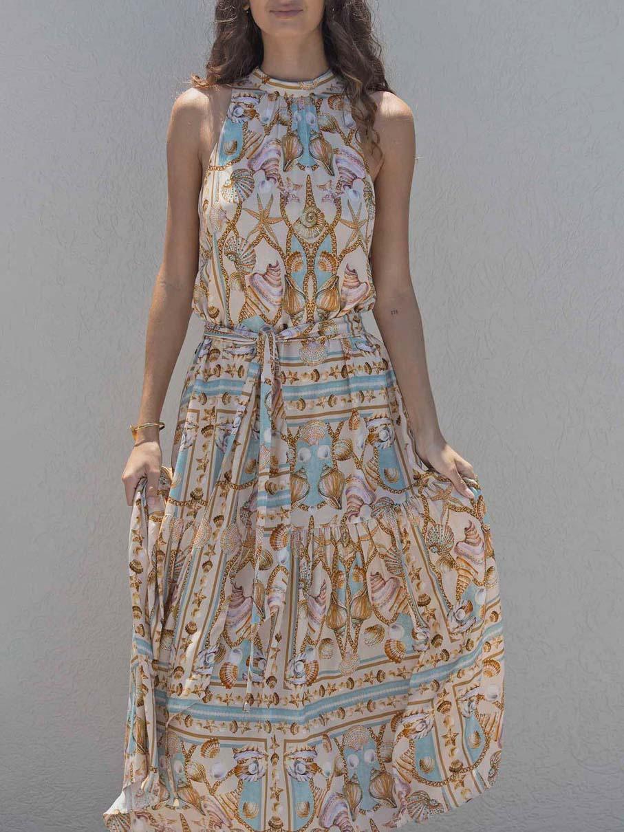 Exquisite Satin Ocean Treasure Print Maxi Dress Exquisite Satin Ocean Treasure Print Maxi Dress