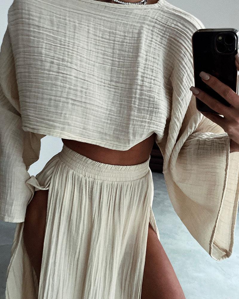 Chic slit cotton and linen casual two-piece set Chic slit cotton and linen casual two-piece set