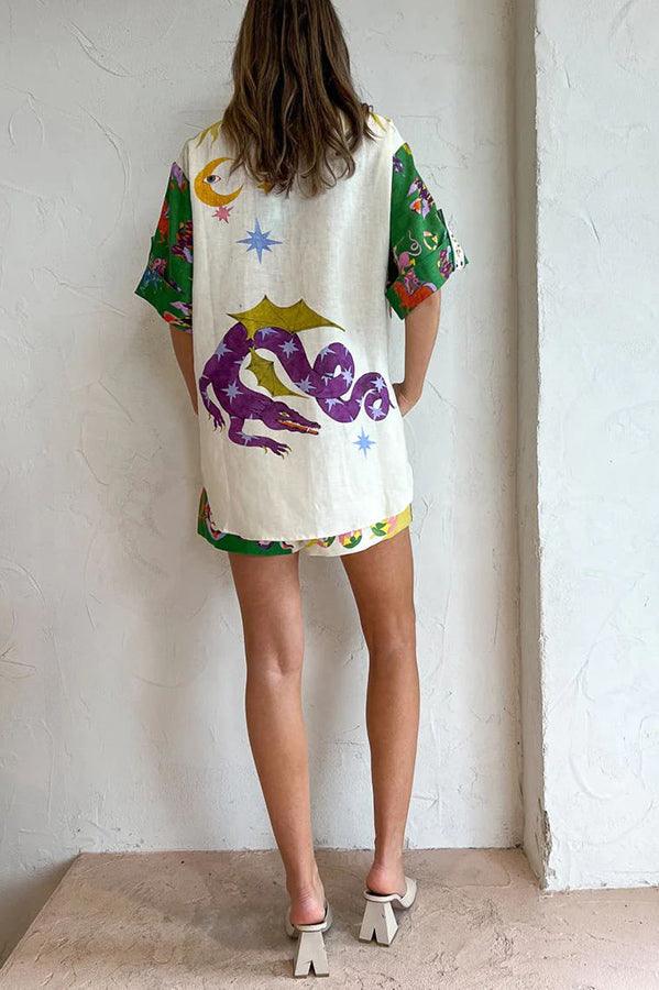 Days of Heaven Linen Blend Unique Print Blouse and Elastic Waist Pocketed Shorts Set Days of Heaven Linen Blend Unique Print Blouse and Elastic Waist Pocketed Shorts Set