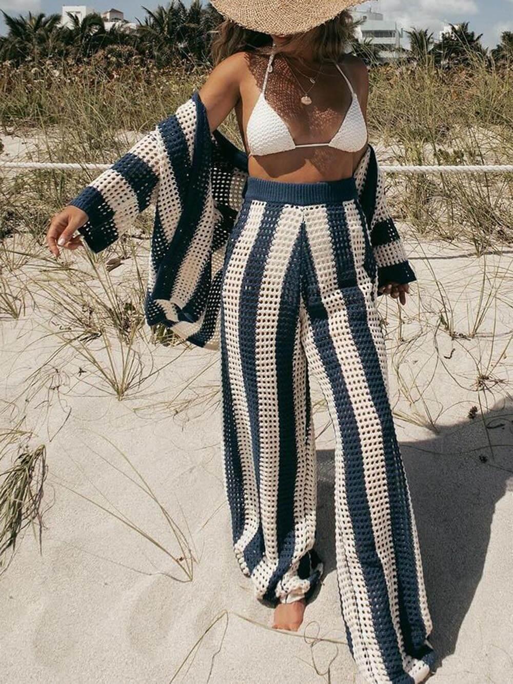 Loose V-Neck Fashion Hollow Out Striped Shirt Wide Leg Pants Set Loose V-Neck Fashion Hollow Out Striped Shirt Wide Leg Pants Set