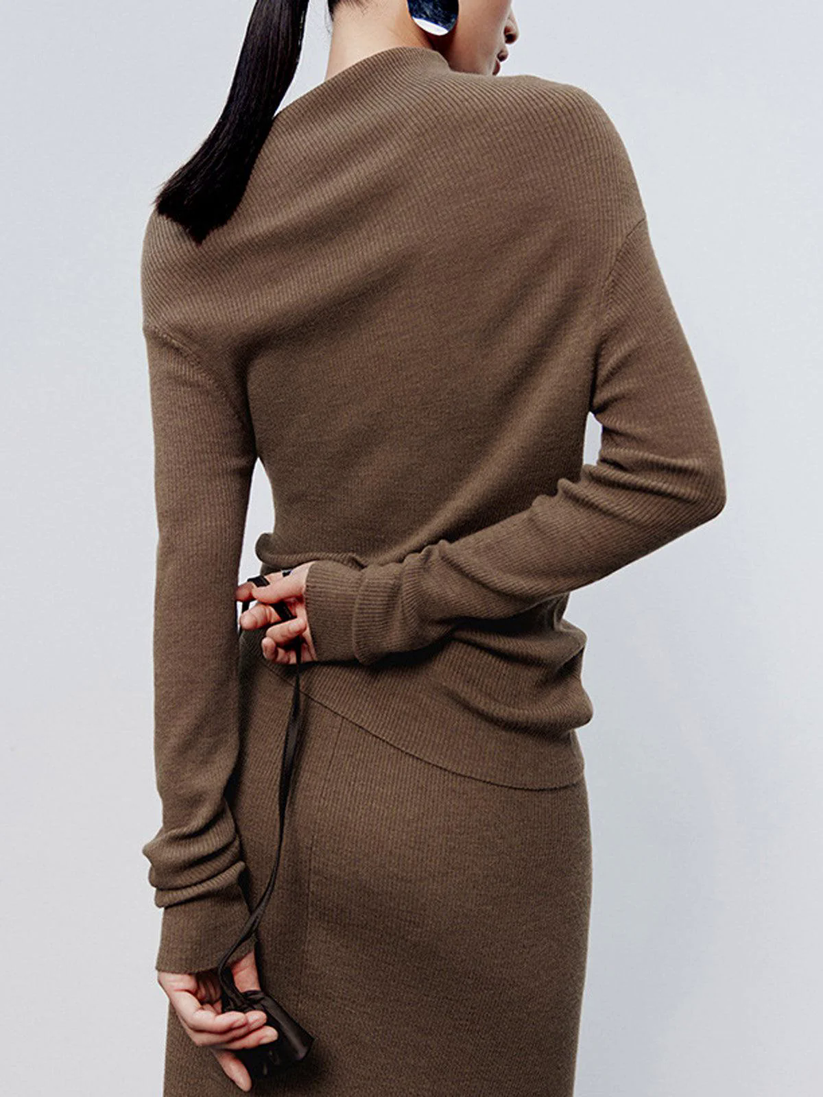 Caramel Asymmetric Neckline Long Sleeve Knit Top shkirt Suit Caramel Asymmetric Neckline Long Sleeve Knit Top shkirt Suit