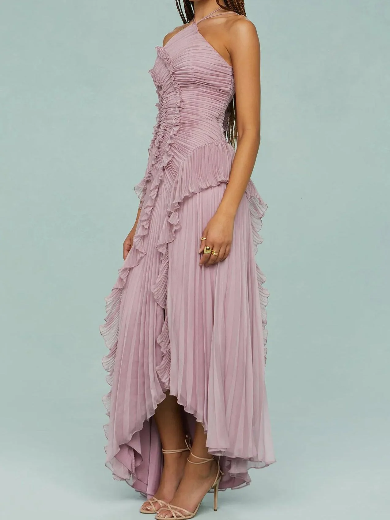 Pleated Suspender Long Dress With Slits Pleated Suspender Long Dress With Slits