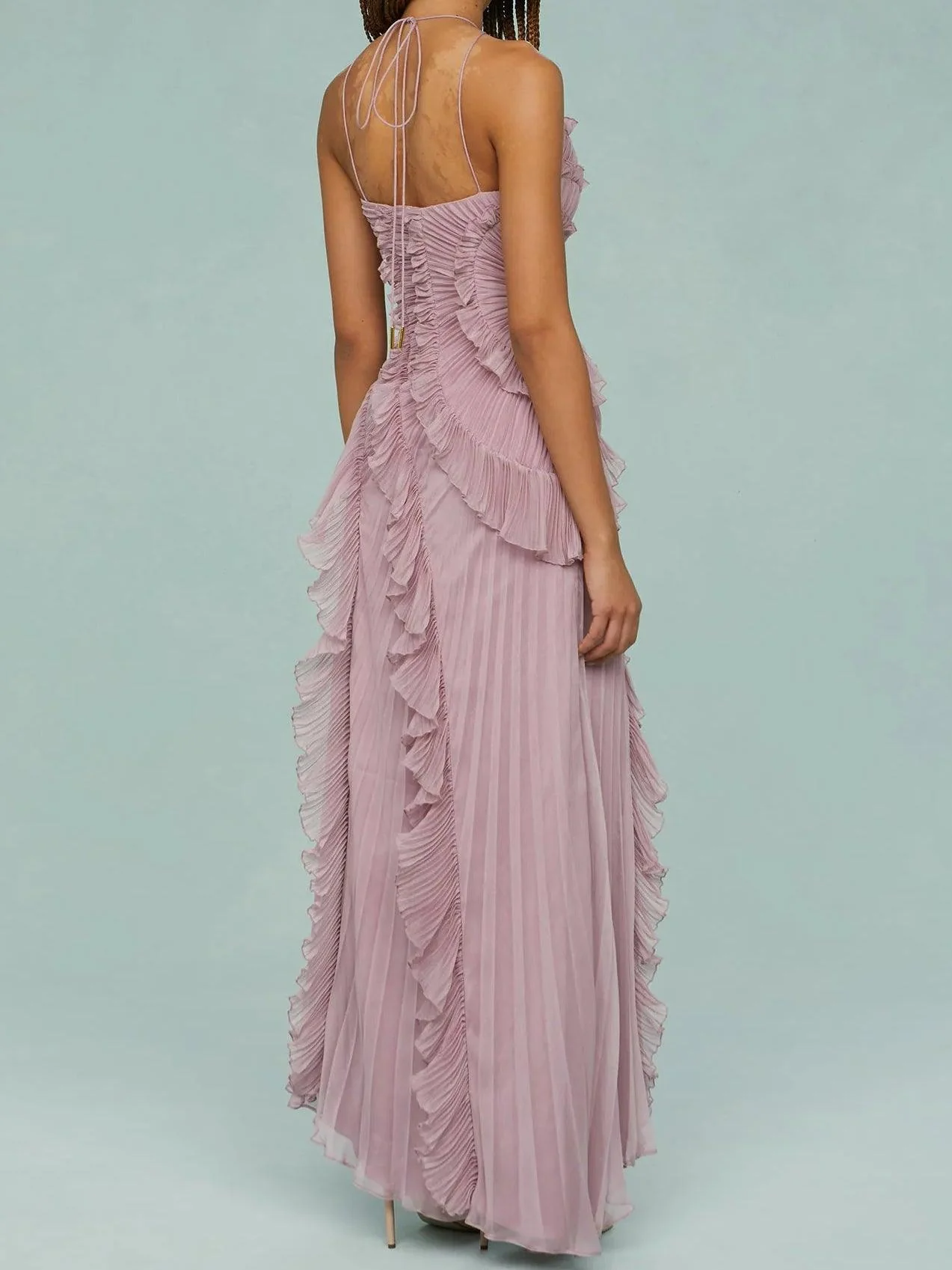 Pleated Suspender Long Dress With Slits Pleated Suspender Long Dress With Slits