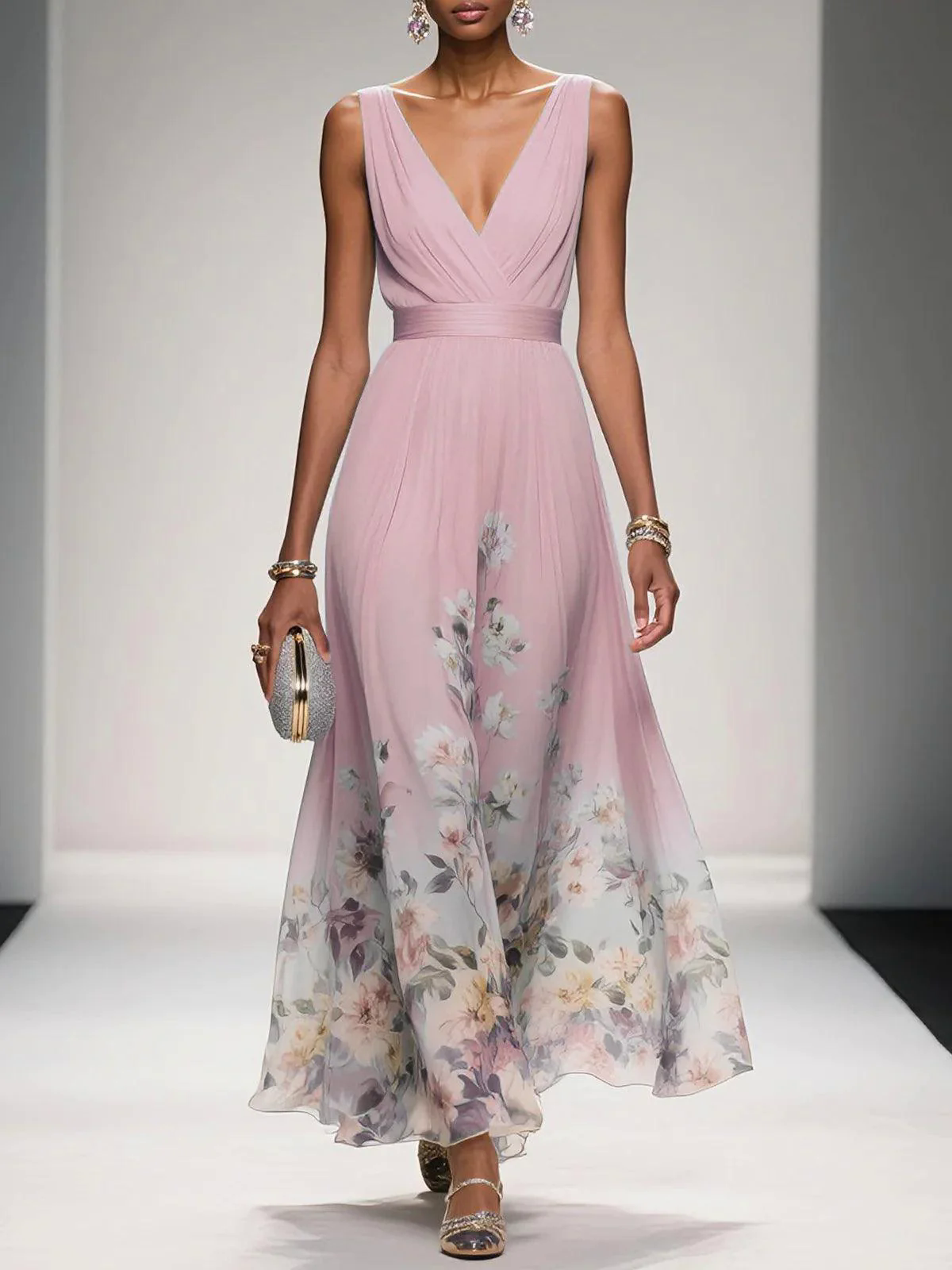 Light Blue Floral Chiffon V Neck Sleeveless A-Line Maxi Dress Light Blue Floral Chiffon V Neck Sleeveless A-Line Maxi Dress