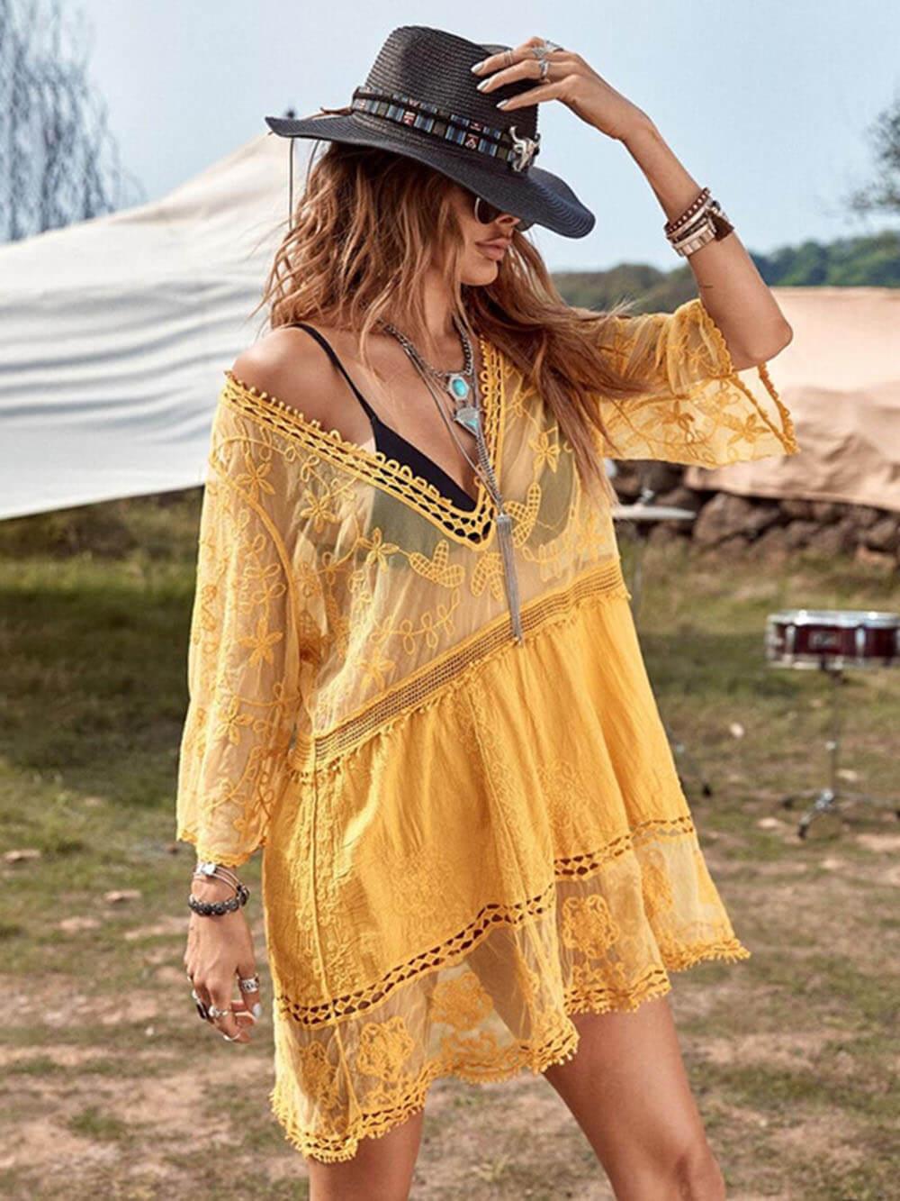 Loose Lace Beach Vacation Bikini Cover-Up Dress Loose Lace Beach Vacation Bikini Cover-Up Dress