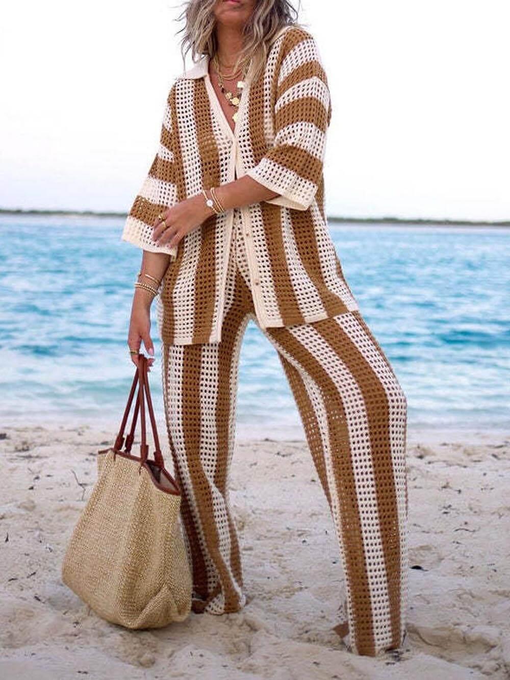 Loose V-Neck Fashion Hollow Out Striped Shirt Wide Leg Pants Set Loose V-Neck Fashion Hollow Out Striped Shirt Wide Leg Pants Set
