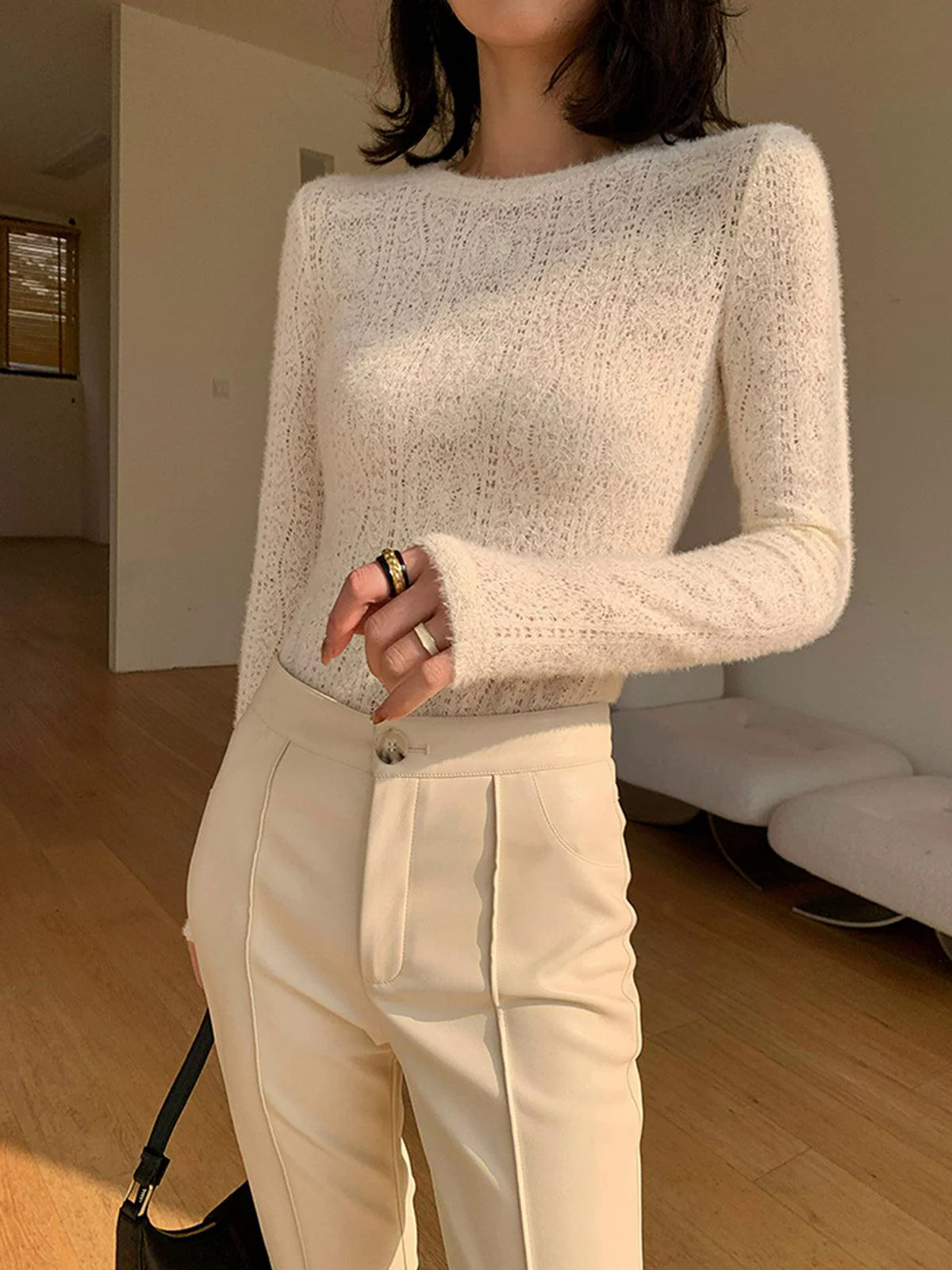 Floral Hollow Knit Crew Neck Long Sleeve Top Floral Hollow Knit Crew Neck Long Sleeve Top