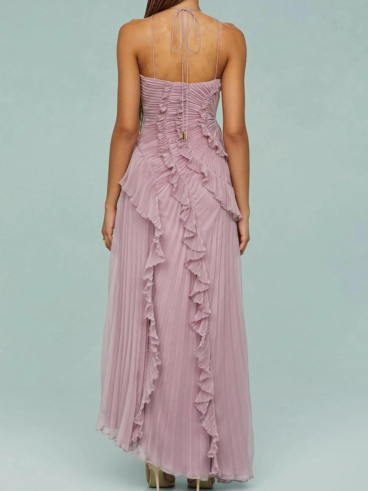Pleated Suspender Long Dress With Slits Pleated Suspender Long Dress With Slits